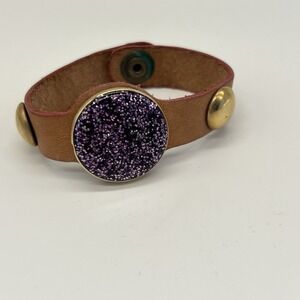 Fiocchi‎ Italy Leather Bracelet Vintage Purple Snap Gold Tone Boho Sparkle